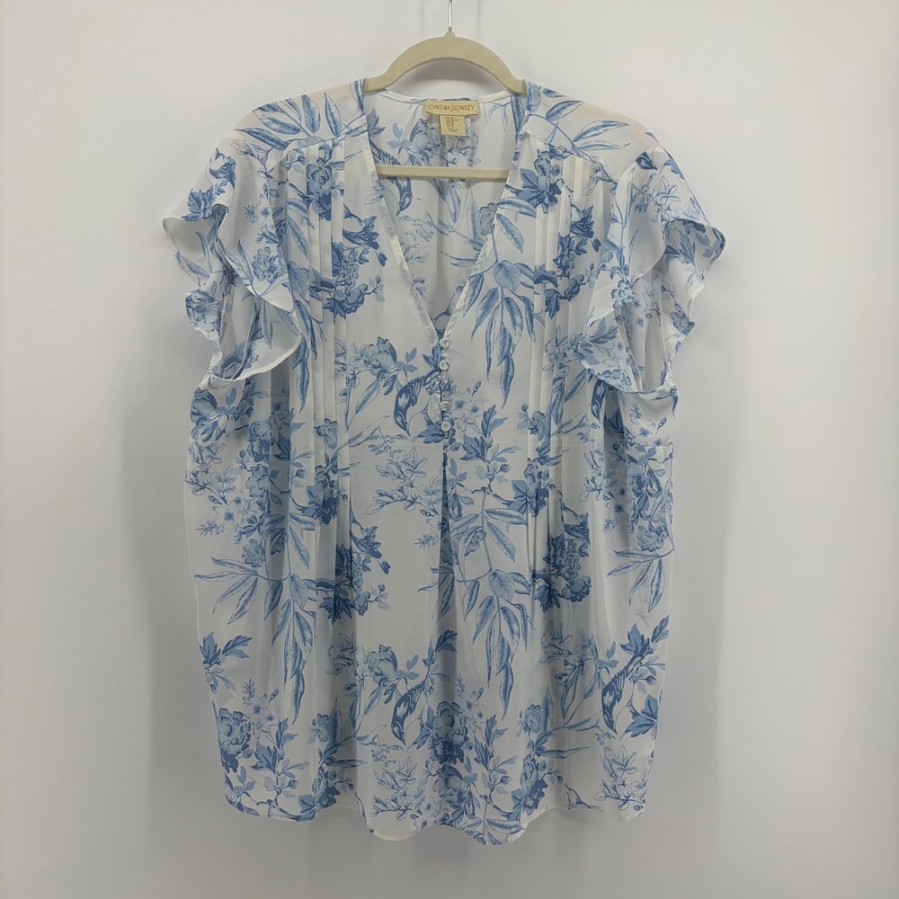 Cynthia Rowley Womens 1X Blue White Floral Chiffon Flutter Sleeve Pintuck Blouse